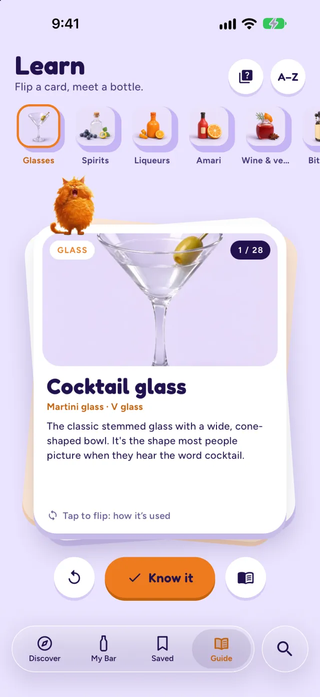The Guide: a flashcard for the cocktail glass, with tabs for glasses, spirits, liqueurs, amari and wine