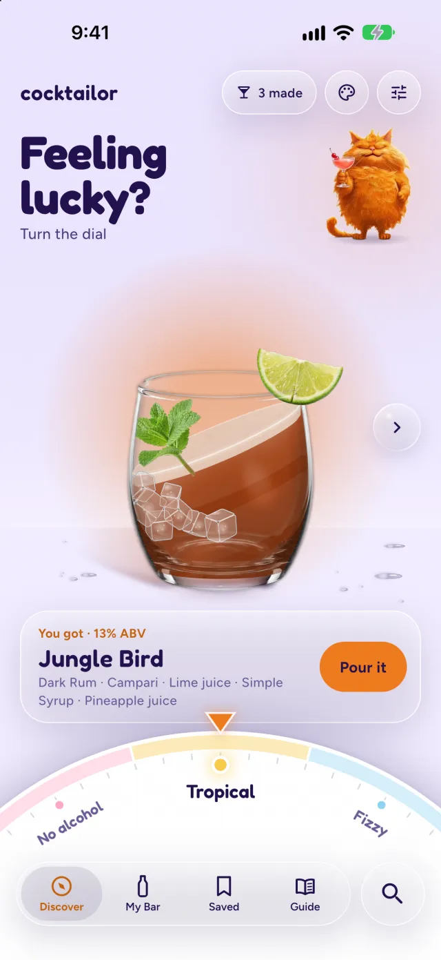 The Mood dial turned to Tropical: a rum drink in a rocks glass with mint and lime, and a Pour it button