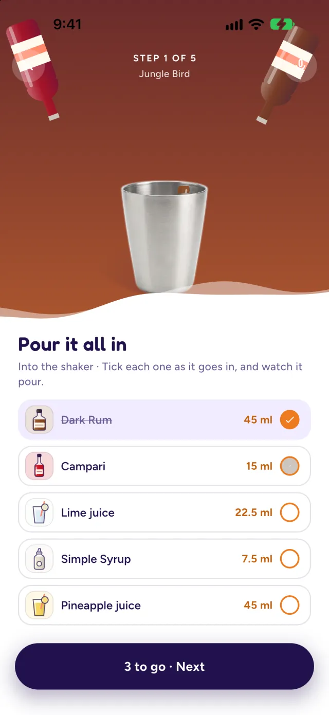 Step 1 of 5, Pour it all in: dark rum, Campari, lime juice, simple syrup and pineapple juice, each ticked as it pours into the shaker