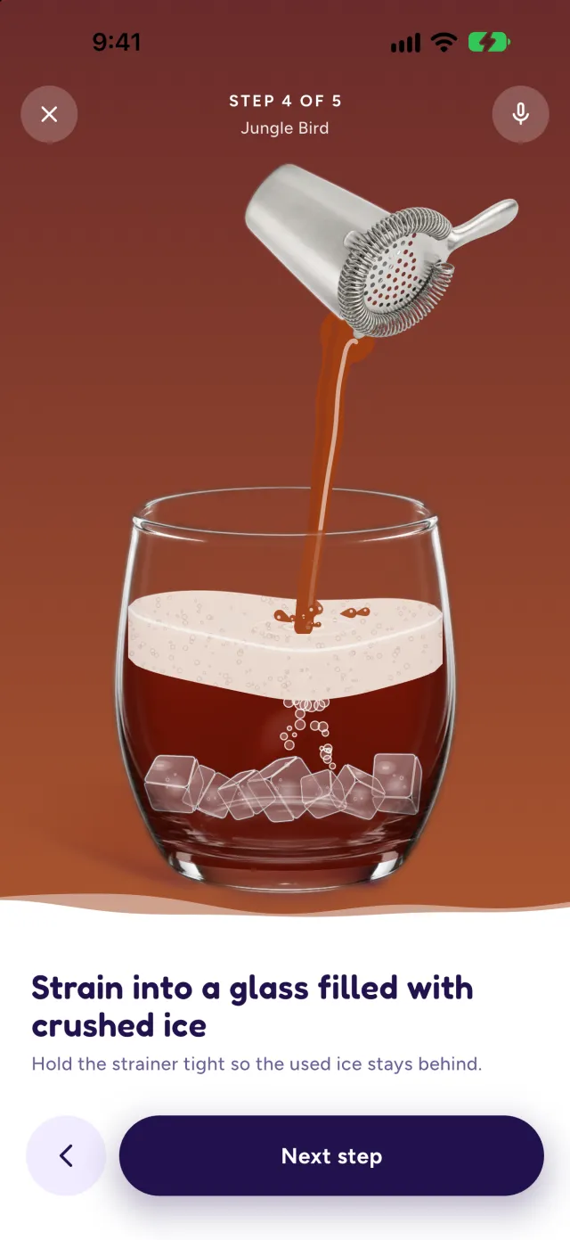 Step 4 of 5: the strainer pours the drink into a glass filled with crushed ice