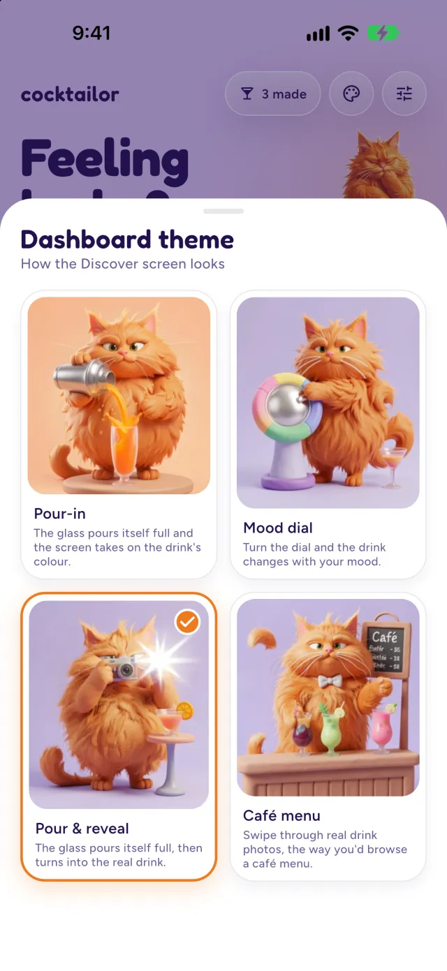 Four looks for Discover, each with the cat