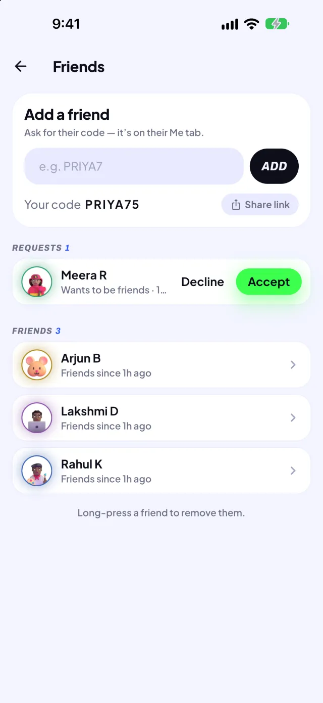 Friends: add by code, accept requests