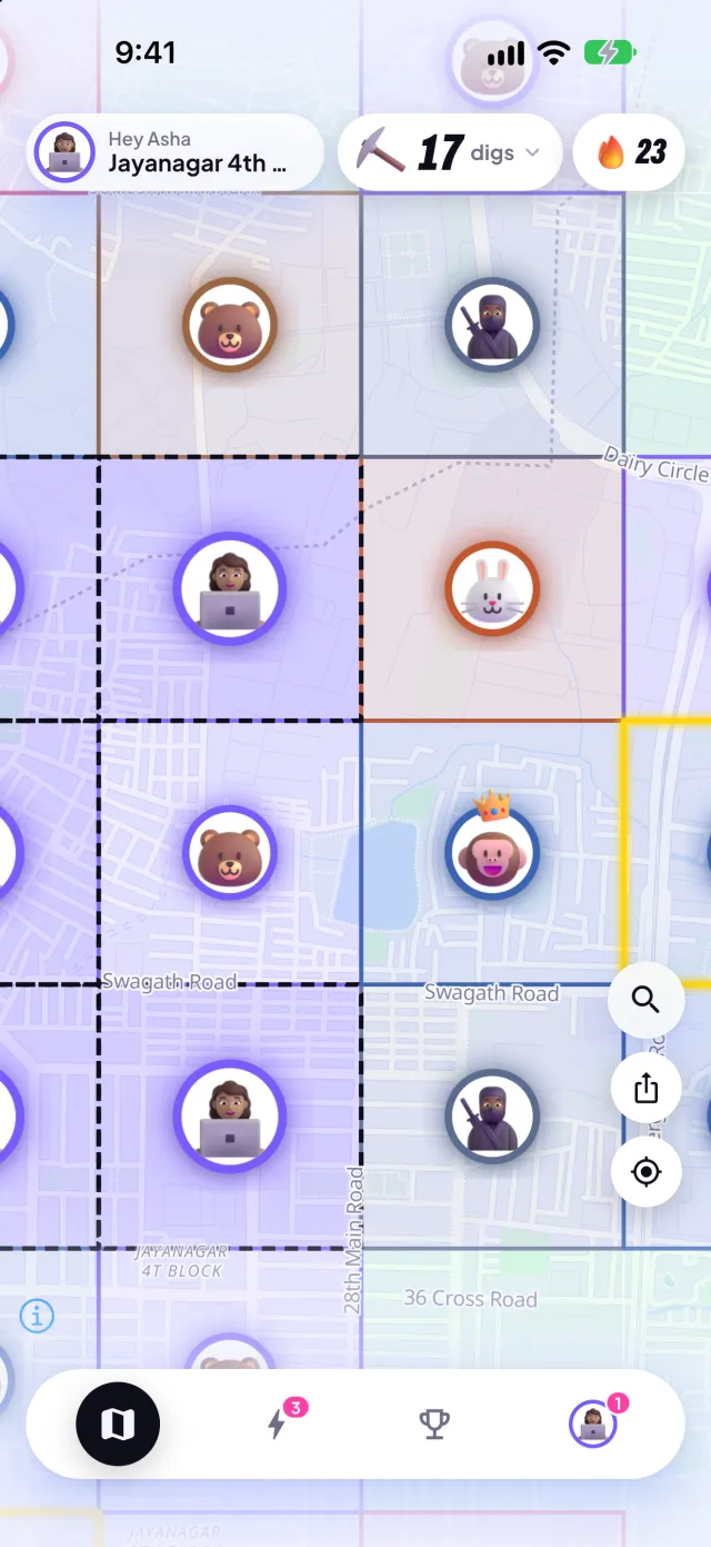 The map of Jayanagar, with a character standing on every claimed square and your own squares outlined in violet