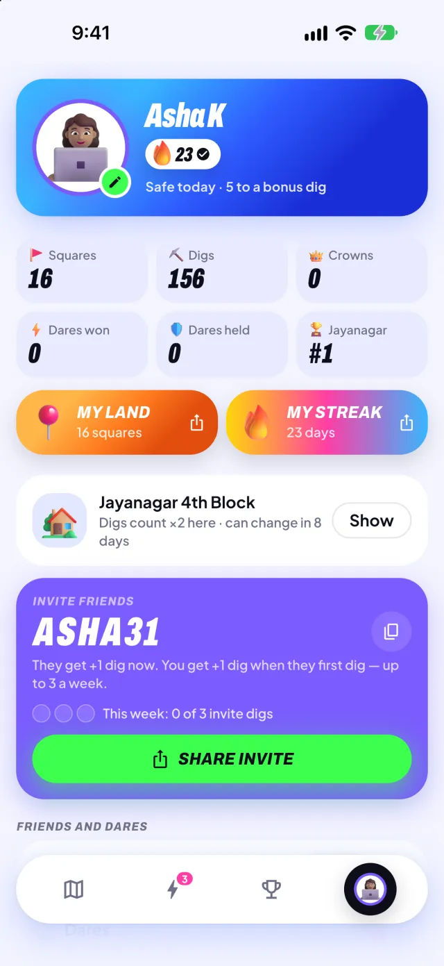 The Me tab: a 23-day streak, 16 squares, 156 digs and an invite code