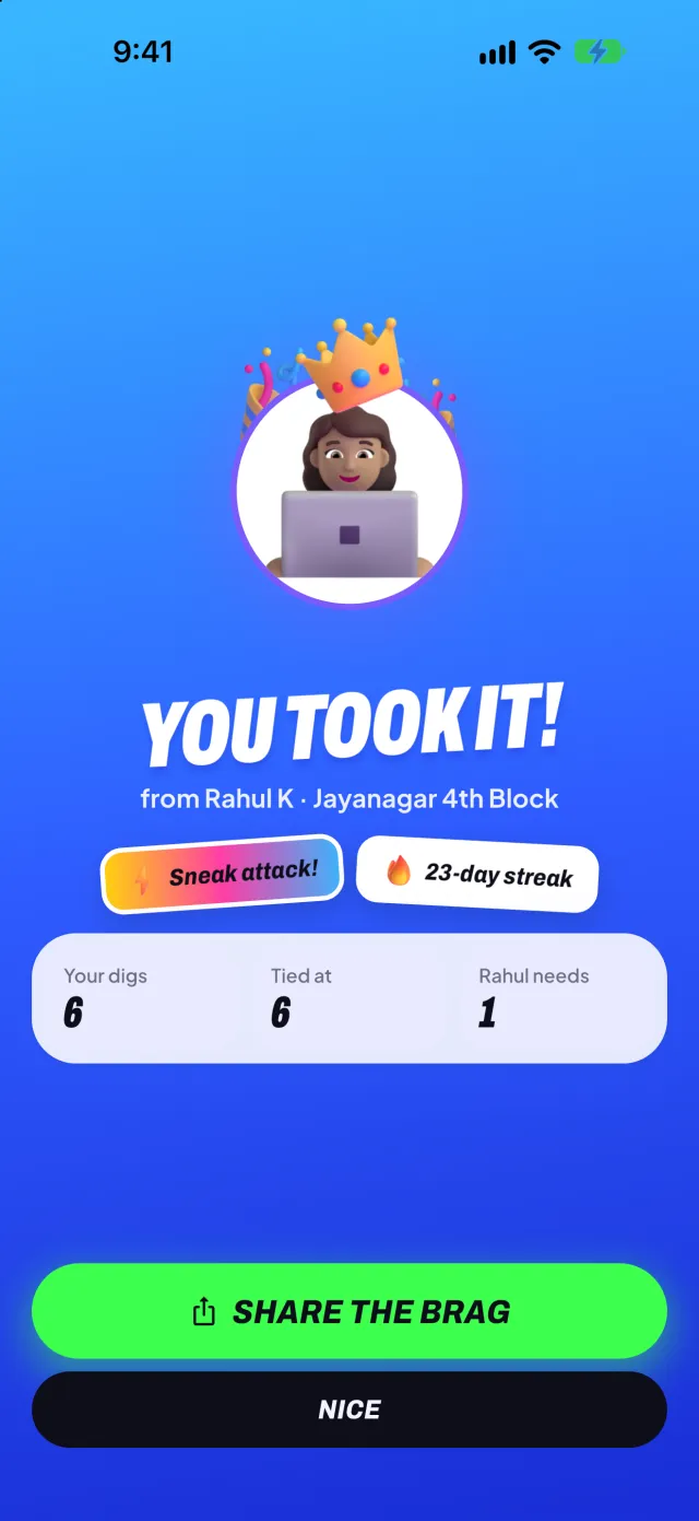 You took it: a crowned character takes Jayanagar 4th Block from Rahul K, with Sneak attack and 23-day streak stickers