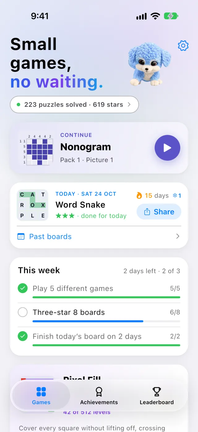The home page: continue a Nonogram, today's board, and this week's three goals