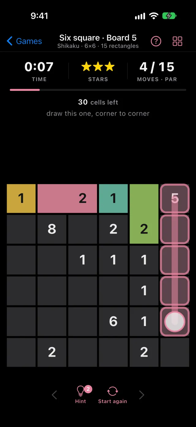 A Shikaku board with a hint drawing the next rectangle