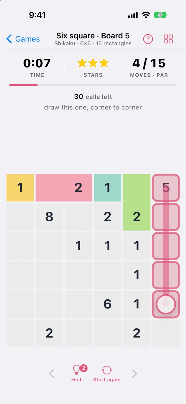 A Shikaku board with a hint drawing the next rectangle