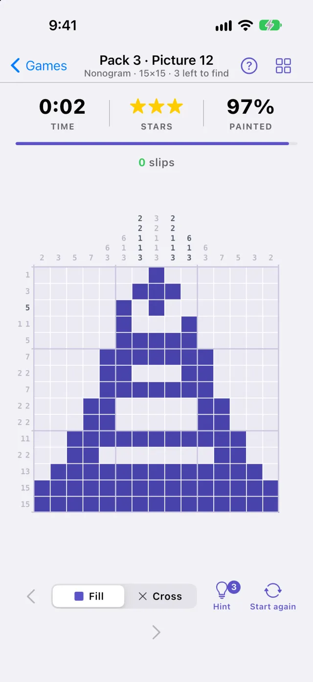 A 15 by 15 Nonogram almost finished: a picture of a whale