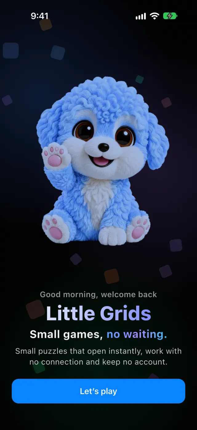 The start screen: a fluffy blue pup waving hello above Let's play
