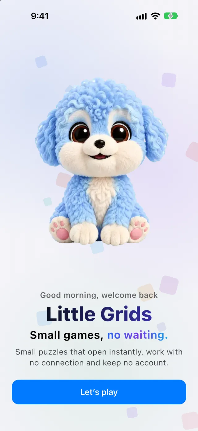 The start screen: a fluffy blue pup waving hello above Let's play