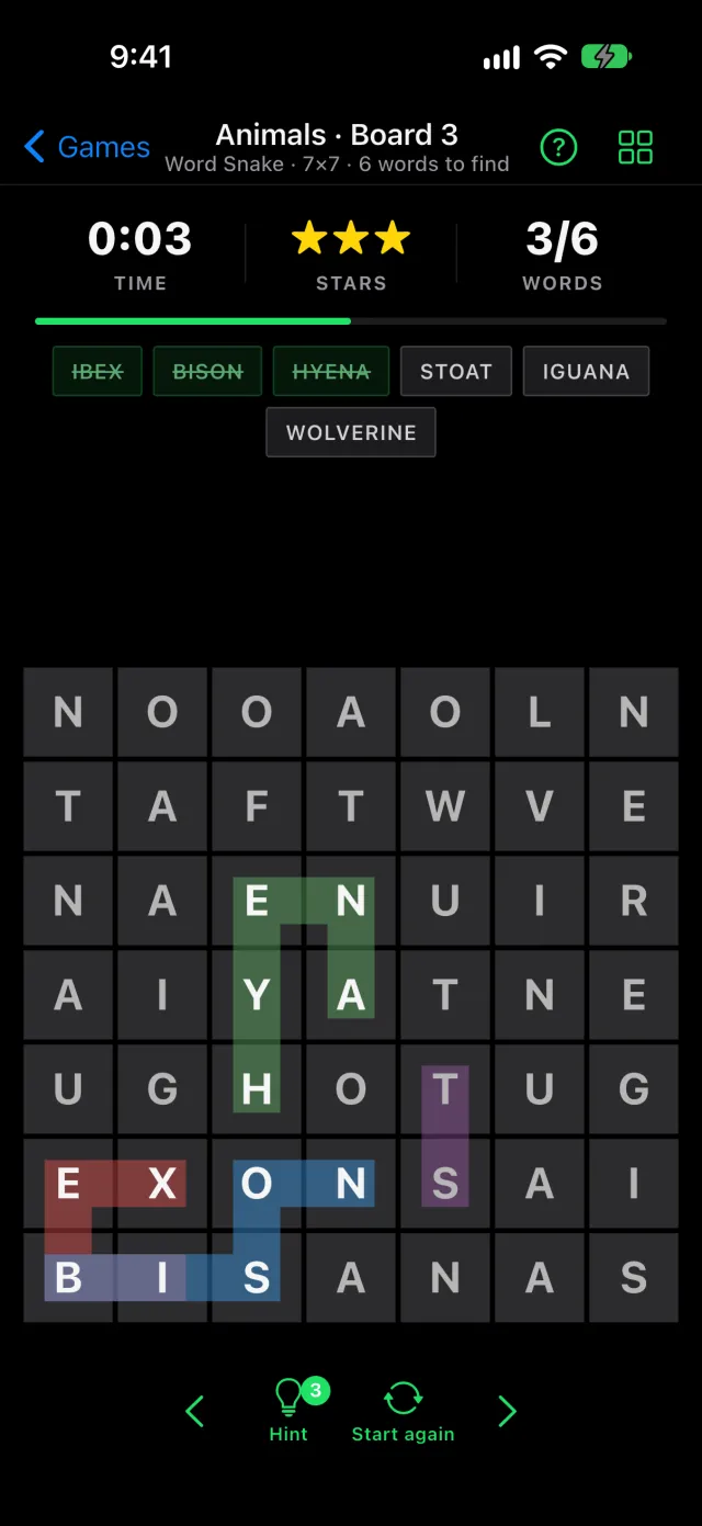 A Word Snake board with three animal names found