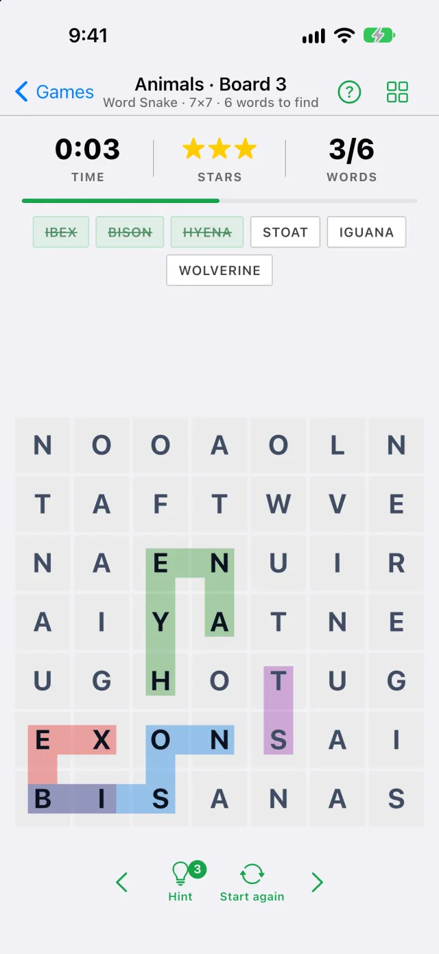 A Word Snake board with three animal names found