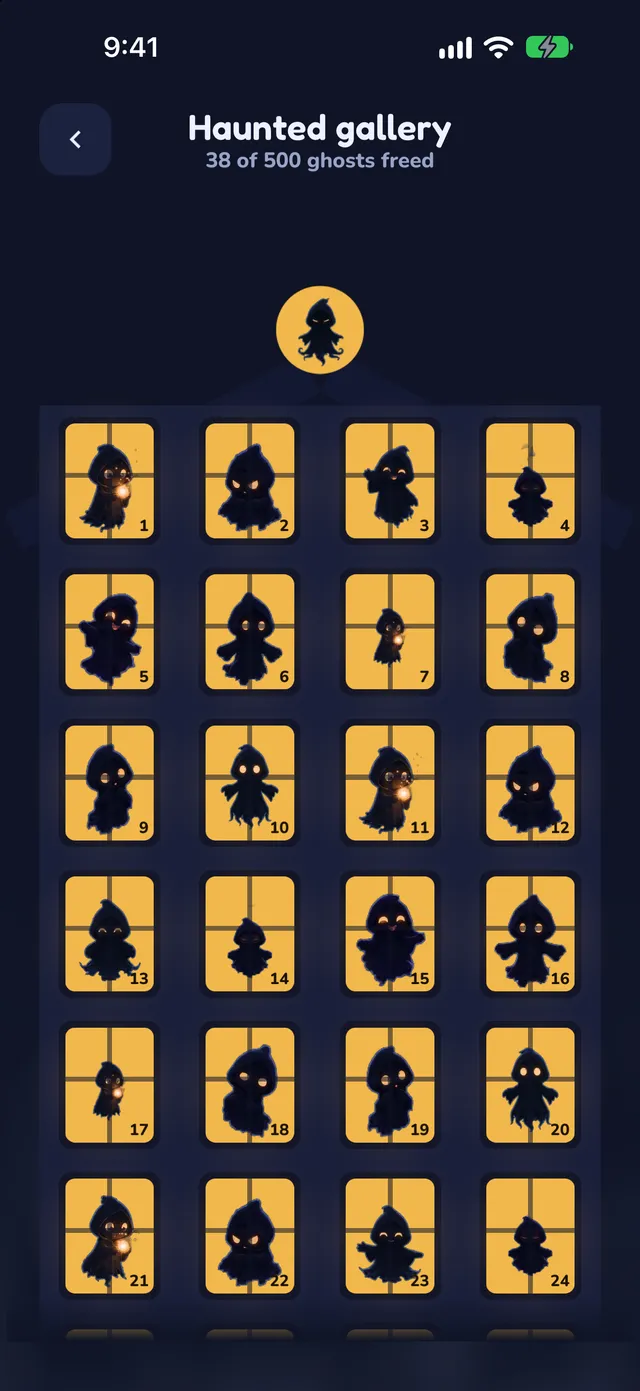 The haunted gallery: 38 of 500 ghosts freed, each in its own lit window
