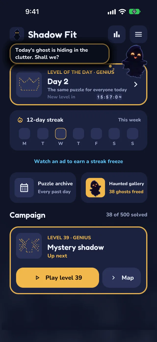 The Shadow Fit home screen: the Level of the Day with a countdown to the next one, a 12-day streak, the puzzle archive, the haunted gallery and the next campaign level