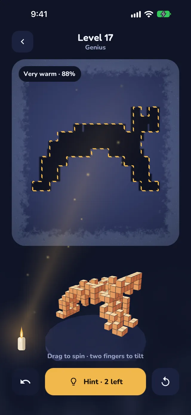Level 17, Genius: a pile of blocks on a turntable casts a shadow that is very warm, 88%, close to the dashed outline of a cat