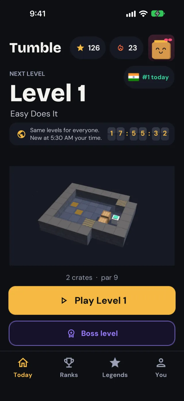 Today in Tumble: Level 1, Little Yard, with a countdown to the next set