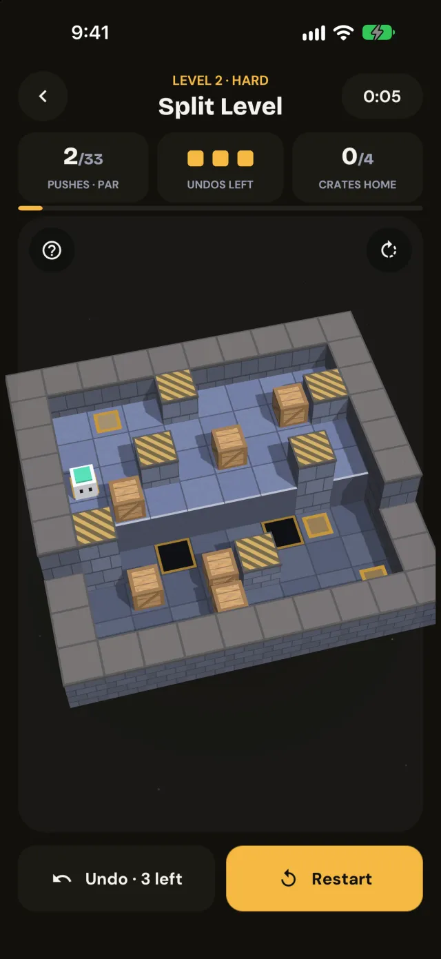 Level 2, The Balcony: crates on two tiers, a ledge to tumble off and hazard-striped pads