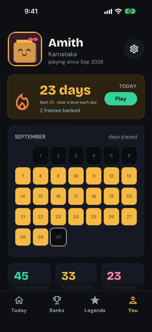 The You tab: a 23-day streak, two freezes banked and a calendar of days played